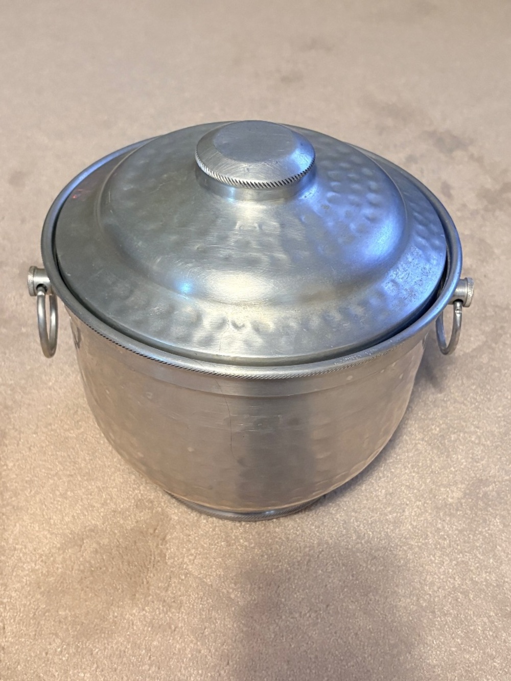 Vintage Mid-Century Hammered Aluminum Ice Bucket with Lid & Ring Handles